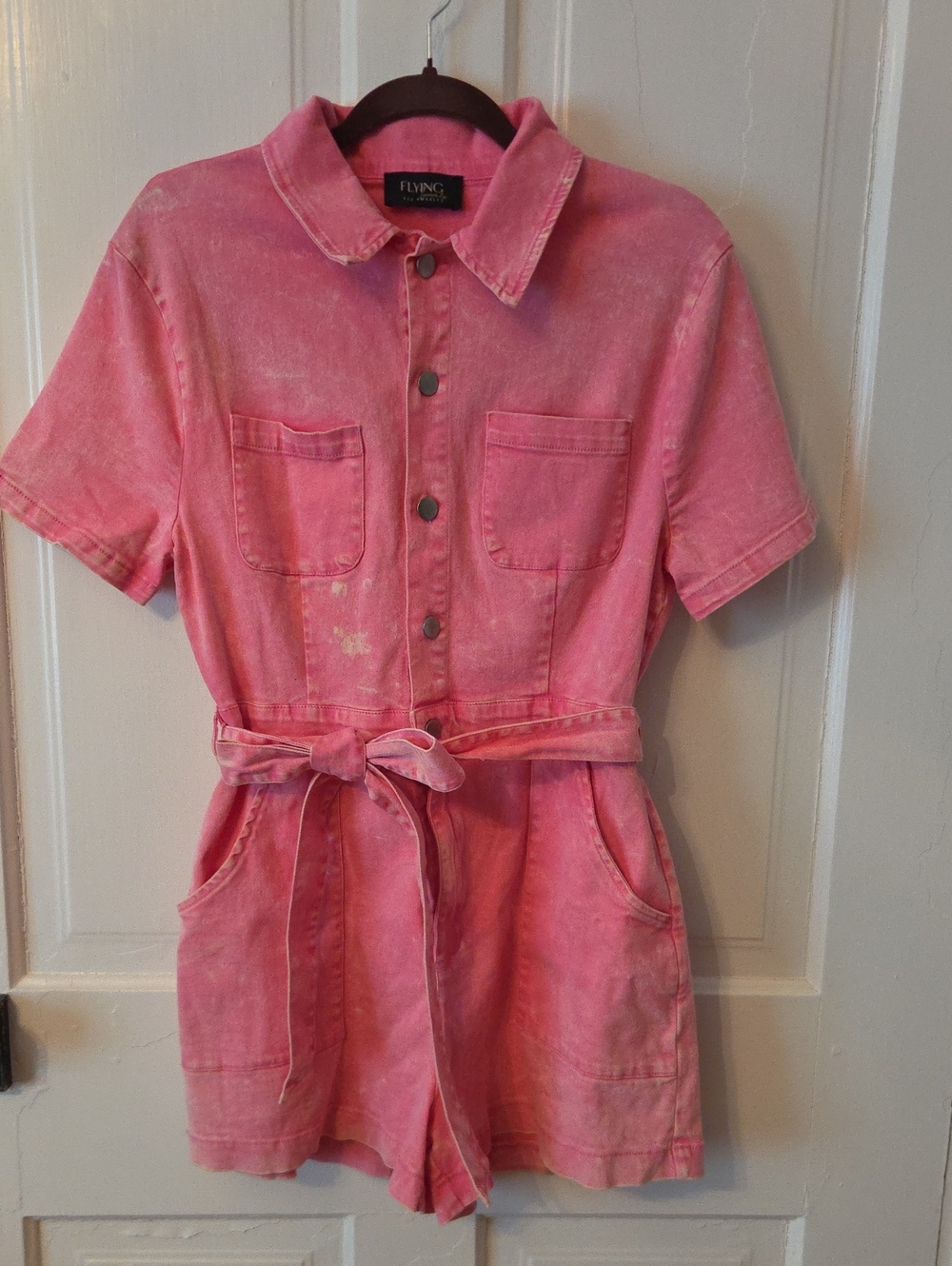 Flying Tomato Pink Washed Short Sleeve Romper with Tie